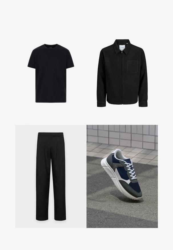 Čierna zipsová bunda s golierom a jednou náprsníkou, vystavená na bielom pozadí.; Čierne tričko s krátkym rukávom a okrúhlym výstrihom vyrobené z hladkej látky, s detailmi v šití a malou logom nálepkou pri leme.; Čierne nohavice vyrobené z hladkej tkaniny, s rovnými nohavicami, dvoma prednými skladmi a štandardným pásom s pútkami na opasok.; Tenisky s sieťovinou v námorníckej modrej farbe, so sivými semišovými detailmi, bielou gumovou podrážkou a plochými bielymi šnúrkami, navrhnuté pre pohodlie a priedušnosť.