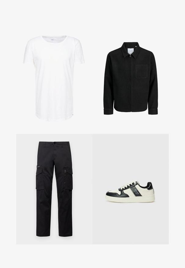 Giacca nera con zip, colletto e una tasca sul petto, mostrata su sfondo bianco.; T-shirt bianco a maniche corte realizzato in morbido cotone. Presenta un collo rotondo e una vestibilità rilassata con un'etichetta del marchio discreta sull'orlo.; Pantaloni cargo neri con multiple tasche, tasca con zip sulla coscia, vestibilità dritta e in resistente cotone con un leggero lucido.; Sneakers in pelle con una combinazione di colori nero e crema, dotati di dettagli perforati, collare imbottito e suola testurizzata.