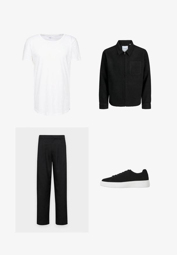 Jachetă neagră cu fermoar, cu guler și un singur buzunar pe piept, expusă pe fundal alb.; Tricou alb cu mâneci scurte, confecționat dintr-un material de bumbac moale. Are un guler rotund și o croială lejeră, cu o etichetă discretă a mărcii pe tiv.; Pantaloni negri dintr-un material neted, cu un design drept, două pliuri frontale și un tiv standard cu bucle pentru curea.; Tenisuri negre din suede, cu vârful rotund, șireturile în partea din față și talpa albă din cauciuc. Design simplu, cu accente minime și textură netedă.