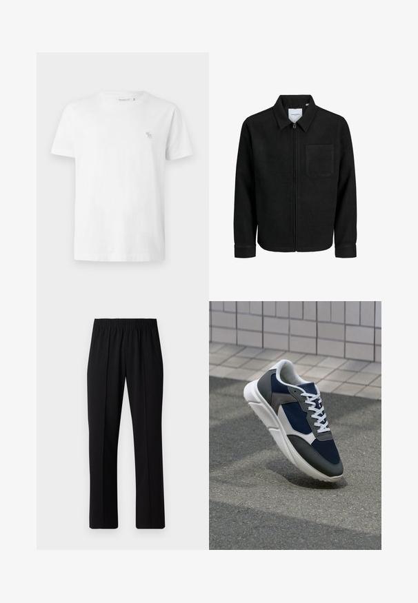 Schwarze Zip-Jacke mit Kragen und einer einzelnen Brusttasche, auf weißem Hintergrund präsentiert.; Weißes Baumwoll-T-Shirt mit kurzen Ärmeln, Rundhalsausschnitt und kleinem grauen gestickten Logo auf der linken Brust. Glatte Textur.; Schwarze, Gummibund-Hosen mit geradem Schnitt, die eine glatte Textur aufweisen und keine sichtbaren Muster oder Beschläge haben.; Sneaker mit einem Obermaterial aus navyblauem Mesh, grauen Wildlederelementen, einer weißen Gummisohle und flachen weißen Schnürsenkeln, entworfen für Komfort und Atmungsaktivität.