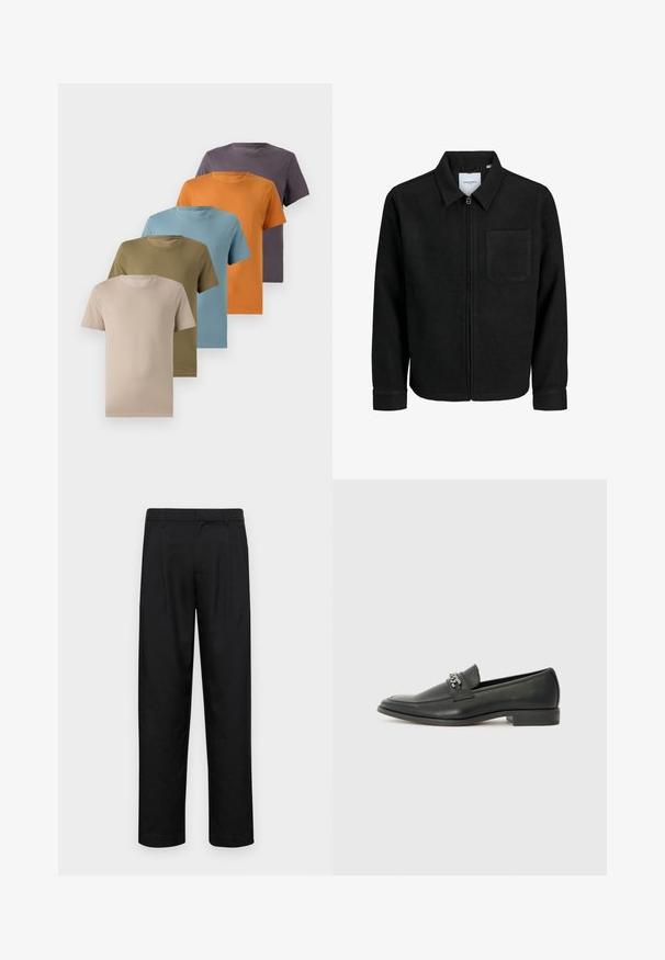 Musta vetoketjullinen takki, jossa on kaulus ja yksi rintatasku, esitelty valkoista taustaa vasten.; Viisi crew neck T-paitaa esillä rivissä, joissa on beige, oliivinvihreä, vaaleansininen, oranssi ja tummanlila väri. Silkkinen kankaan tekstuuri.; Mustat housut, jotka on valmistettu sileästä kankaasta, suoran lahkeen muotoilulla, kahdella etupleekillä ja tavanomaisella vyötäröllä, jossa on vyölenkit.; Musta nahkakengät, joissa on sileä pinta, koristeelliset ompeleet ja metalliketjun yksityiskohta kengän päällä. Littee korko.