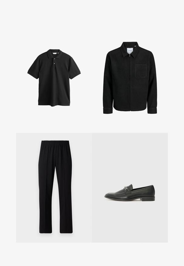 Musta vetoketjullinen takki, jossa on kaulus ja yksi rintatasku, esitelty valkoista taustaa vasten.; Musta puuvillainen poolopaita, jossa on lyhyet hihat, kolmen napin läppä ja hillitty logo rinnassa. Klassinen leikkaus ja yksinkertainen muotoilu.; Mustat, joustavat vyötäröhousut suoralla lahkeella, joissa on sileä pinta ilman näkyviä kuvioita tai metalliosia.; Musta nahkakengät, joissa on sileä pinta, koristeelliset ompeleet ja metalliketjun yksityiskohta kengän päällä. Littee korko.