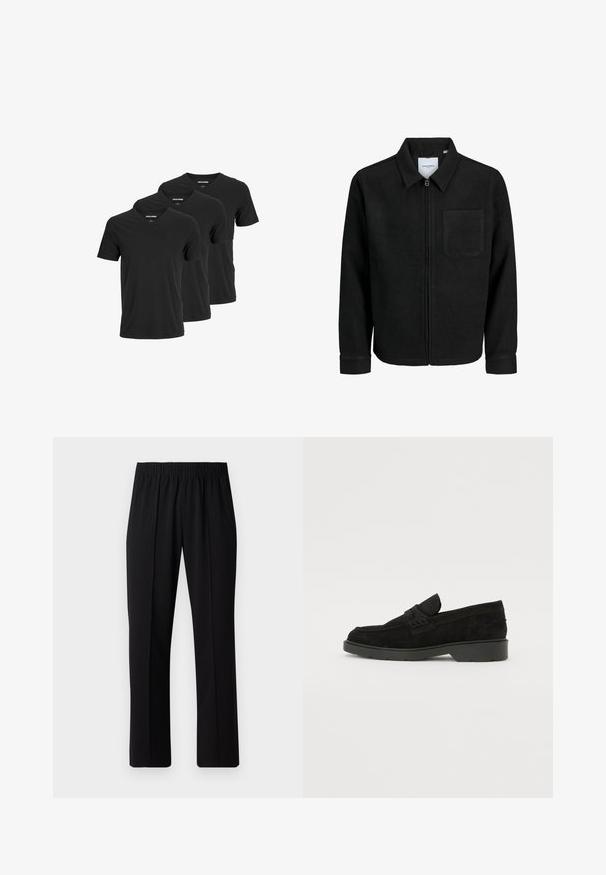 Giacca nera con zip, colletto e una tasca sul petto, mostrata su sfondo bianco.; T-shirt a maniche corte in cotone nero con scollatura a V, disponibili in confezione da tre. Texture liscia, senza modelli o dettagli.; Pantaloni neri con vita elasticizzata e design a gamba dritta, caratterizzati da una texture liscia e senza motivi o hardware visibili.; Mocassini in suede neri con tacco basso, dotati di una semplice fascia sulla parte superiore e dettagli testurizzati lungo i lati.