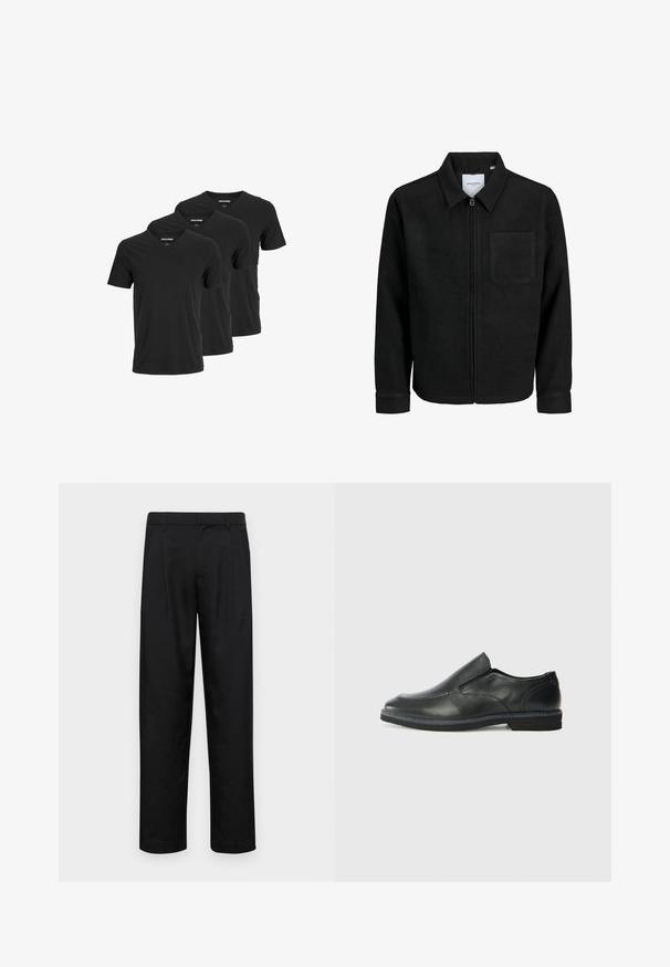 Črna jakna z zadrgo in ovratnikom ter enim žepom na prsih, prikazana na beli podlagi.; Črne bombažne majice s kratkimi rokavi in V-izrezom, prikazane v paketu po tri. Gladka tekstura, brez vzorcev ali okrasnih elementov.; Črne hlače iz gladkega materiala, s krojem ravne noge, dvema sprednjima pregiboma in standardnim pasom z zankami za pas.; Črne usnjene natikače z gladkim zgornjim delom, prišitimi detajli, zaobljenim nosom in nizkim gumijastim petkom. Podplat ima minimalen profil.