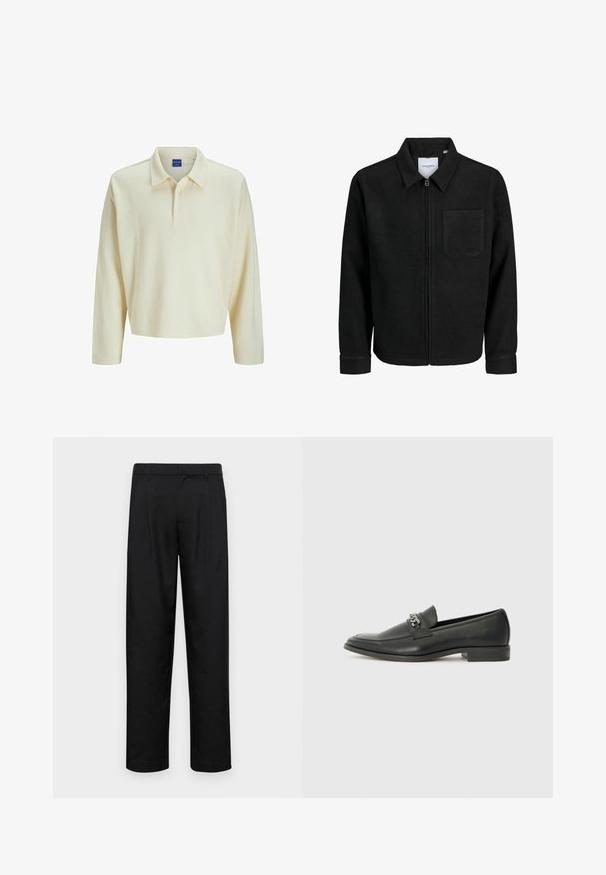 Czarna kurtka z zamkiem na całej długości, z kołnierzem i jedną kieszenią na piersi, umieszczona na białym tle.; Długy rękaw polo w kremowym beżowym prążkowanym materiale, z kołnierzykiem i zapięciem na trzy guziki. Prosty, luźny krój z prostym dołem.; Czarne spodnie wykonane z gładkiego materiału, z prostą nogawką, dwoma fałdami z przodu oraz standardowym paskiem z wypustkami na pasek.; Czarne skórzane mokasyny o gładkim wykończeniu, z haftowanym wzorem i dekoracyjnym akcentem z metalowego łańcucha na wierzchu. Płaska pięta.