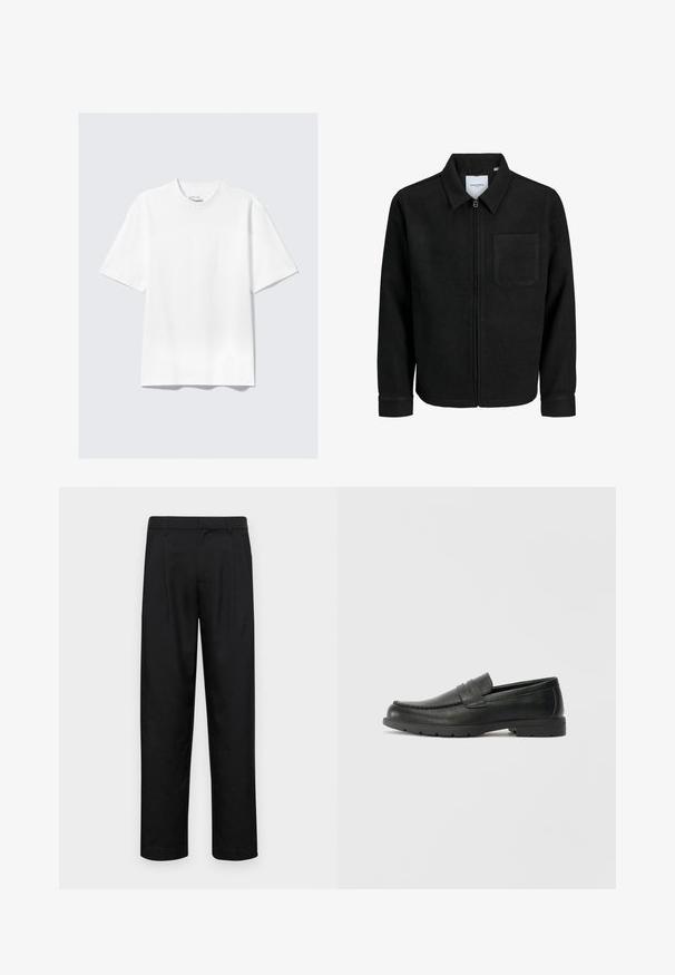 Schwarze Zip-Jacke mit Kragen und einer einzelnen Brusttasche, auf weißem Hintergrund präsentiert.; Ein schlichter, weißer, kurzärmeliger T-Shirt im lässigen Schnitt liegt flach auf einem hellgrauen Hintergrund.; Schwarze Hose aus glattem Stoff, mit geradem Bein Design, zwei vorderen Falten und einem Standardbund mit Gürtelschlaufen.; Schwarze Lederloafers mit glatter Oberfläche, Mokassin-oberteil, genähten Details und Gummisohle. Klassisches Design mit niedrigem Absatz.