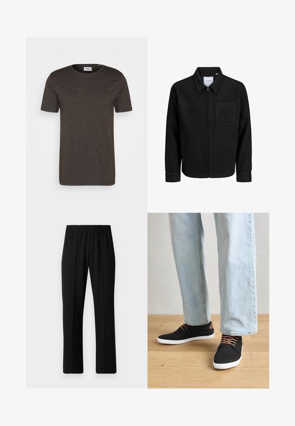 Čierna zipsová bunda s golierom a jednou náprsníkou, vystavená na bielom pozadí.; Tmavězelené tričko s krátkym rukávom, okrúhly výstrih, hladká textura, bez vzorov alebo akcentov, jednoduchý dizajn, vhodné na bežné nosenie.; Čierne nohavice s elastickým pásom a rovnými nohavicami, majú hladkú textúru a žiadne viditeľné vzory ani kovové doplnky.; Čierne plátenné tenisky s hnedými akcentmi, bielymi gumovými podrážkami a hnedými šnúrkami, skombinované so svetlomodrými rovnými džínsami. Pozadie s drevenou podlahou.