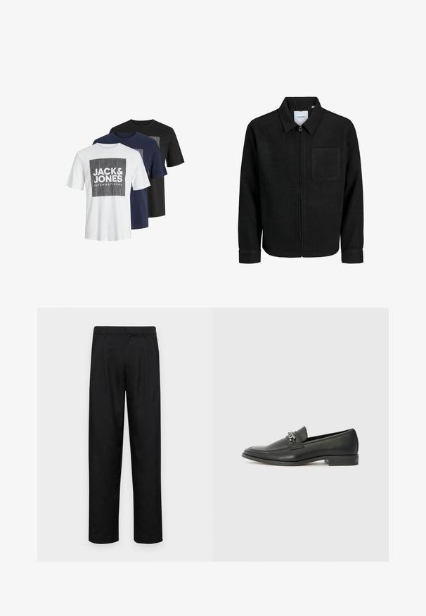 Jachetă neagră cu fermoar, cu guler și un singur buzunar pe piept, expusă pe fundal alb.; Trei tricouri cu mânecă scurtă, în alb, bleumarin și negru. Fiecare are un design grafic pătrat cu textul "JACK & JONES" în bold.; Pantaloni negri dintr-un material neted, cu un design drept, două pliuri frontale și un tiv standard cu bucle pentru curea.; Pantofii negri din piele cu un finisaj neted, având un design cusut și un accent decorativ de lanț metalic peste partea de sus. Toc plat.