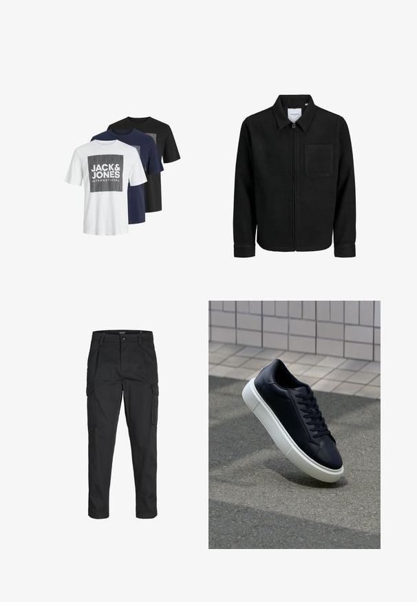 Crna jakna na zip s ovratnikom i jednim džepom na prsima, prikazana na bijeloj pozadini.; Tri kratka rukava majice u bijeloj, mornarskoj i crnoj boji. Svaka od njih ima kutni grafički dizajn s natpisom "JACK & JONES" u podebljanoj verziji.; Crne cargo hlače izrađene od čvrstog materijala, s brojnim džepovima, kopčanjem na gumb i dizajnom koji pomaže da se prilagode tijelu sa suženim nogavicama.; Crne kožne tenisice s zaobljenim vrhom i bijelim gumiranim potplatom. Imaju ravne vezice i minimalno šivanje na gornjem dijelu. Teksturirani potplat za bolje prianjanje.