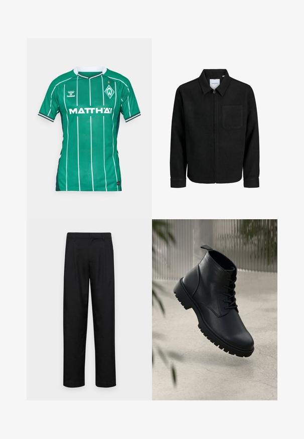 Črna jakna z zadrgo in ovratnikom ter enim žepom na prsih, prikazana na beli podlagi.; Zelena nogometna majica z navpičnimi belimi črtami, okrogli ovratnik in kratkimi rokavi. Ima oznako blagovne znamke "MATTH'AI" in grb kluba.; Črne hlače iz gladkega materiala, s krojem ravne noge, dvema sprednjima pregiboma in standardnim pasom z zankami za pas.; Črne usnjene gležnjarje z zaobljenim nosom, s vezalkami in trdim gumijastim podplatom. Gladka tekstura z zanko na hrbtni strani.