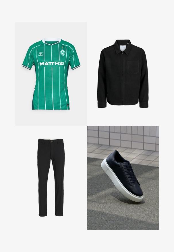Crna jakna na zip s ovratnikom i jednim džepom na prsima, prikazana na bijeloj pozadini.; Zelena nogometna majica s vertikalnim bijelim prugama, okruglim izrezom i kratkim rukavima. Sadrži brend "MATTH'AI" i grb kluba.; Crne hlače od pamuka sa slim fit krojem, s kopčanjem na dugme, džepovima i zavrnutim rukavima za ležeran izgled.; Crne kožne tenisice s zaobljenim vrhom i bijelim gumiranim potplatom. Imaju ravne vezice i minimalno šivanje na gornjem dijelu. Teksturirani potplat za bolje prianjanje.