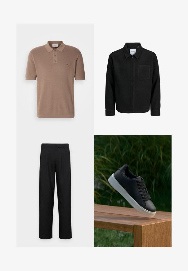 Giacca nera con zip, colletto e una tasca sul petto, mostrata su sfondo bianco.; Polo a maniche corte color marrone chiaro, realizzato in tessuto testurizzato. Presenta un colletto classico e una chiusura con tre bottoni. Logo CK ricamato.; Pantaloni neri realizzati in tessuto liscio, caratterizzati da un taglio dritto, due pieghe frontali e una vita standard con passanti per la cintura.; Sneaker in pelle nera con una texture liscia, suola in gomma bianca e sei grommet per i lacci, posizionata su una superficie di legno.