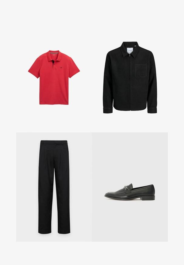 Schwarze Zip-Jacke mit Kragen und einer einzelnen Brusttasche, auf weißem Hintergrund präsentiert.; Rotes Polohemd aus Baumwolle mit klassischem Kragen, Zwei-Knopf-Leiste und einem kontrastierenden schwarzen Akzent am Hals. Mit Logodetail.; Schwarze Hose aus glattem Stoff, mit geradem Bein Design, zwei vorderen Falten und einem Standardbund mit Gürtelschlaufen.; Schwarzer Lederloafer mit glatter Oberfläche, ausgestattet mit einer gesteppten Gestaltung und einem dekorativen Metallkettendetail über dem Vorderblatt. Flacher Absatz.