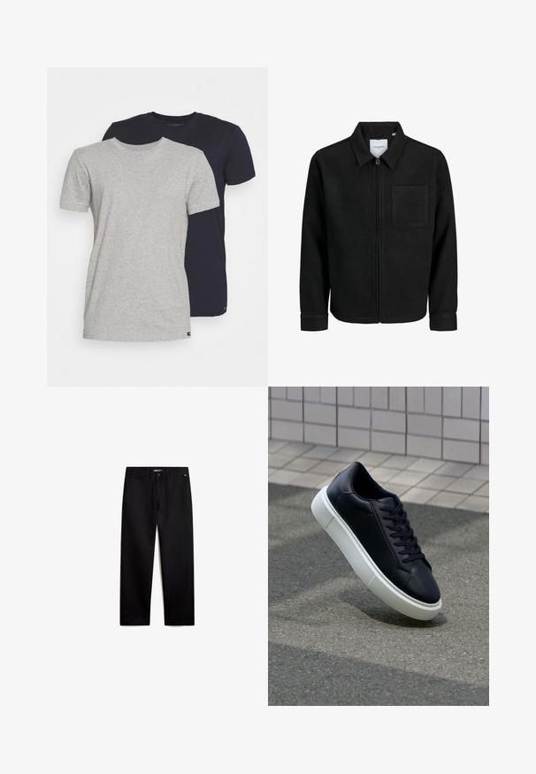 Svart zip-jacka med krage och en enda bröstficka, visad på vit bakgrund.; Två crew-neck T-shirts: en heather grå, en marinblå. Båda är kortärmade, i bomullsmaterial med en mjuk textur och standardpassform.; Svarta bomullsbukser med rak passform, dragkedja och framfickor. Slät yta, inga synliga mönster och minimal hårdvara.; Svart lädersneaker med rundad tå och vit gummisula. Har platta snören och minimal sömnad på ovansidan. Texturerad sula för grepp.