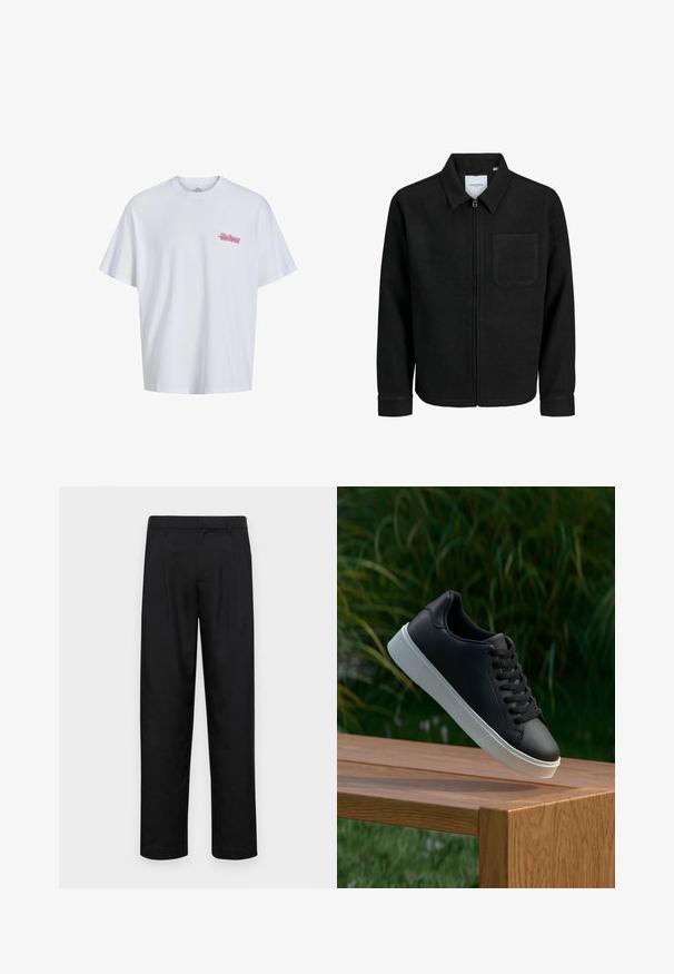 Melna jaka ar rāvējslēdzēju un apkakli, vienu krūšu kabatu, parādīta uz baltas fona.; Balts kokvilnas T-krekls ar īsām piedurknēm, apaļu dekoltē, ar mazu rozā grafiku kreisajā krūšu pusē. Gluda tekstūra, brīvs griezums.; Melnas bikses, izgatavotas no gludas auduma, ar taisnu kāju dizainu, divām priekšējām krokām un standarta jostu, kurai ir āķi.; Melnās ādas sporta apavi ar gludu tekstūru, baltu gumijas zoli un sešiem caurumiem šņorešanai, novietoti uz koka virsmas.