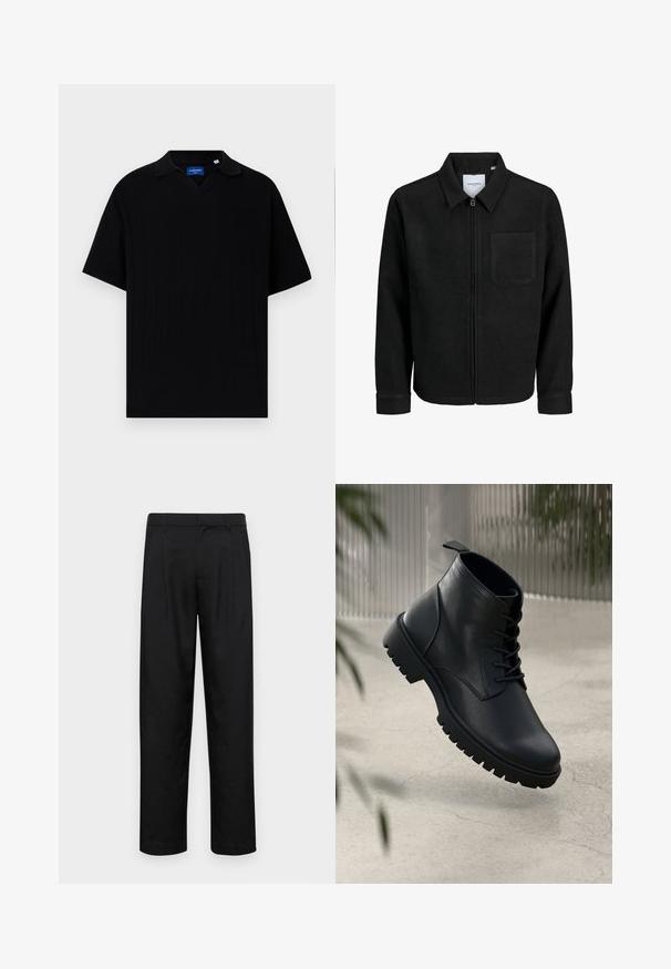 Czarna kurtka z zamkiem na całej długości, z kołnierzem i jedną kieszenią na piersi, umieszczona na białym tle.; Czarna koszulka polo z krótkim rękawem, z dekoltem w serek, z ribbowanym wzorem i subtelnymi pionowymi paskami. Metka wewnątrz obszaru dekoltu.; Czarne spodnie wykonane z gładkiego materiału, z prostą nogawką, dwoma fałdami z przodu oraz standardowym paskiem z wypustkami na pasek.; Czarne skórzane botki na kostkę z okrągłym noskiem, sznurowanym zapięciem i solidną gumową podeszwą. Gładka struktura z pętelką z tyłu.