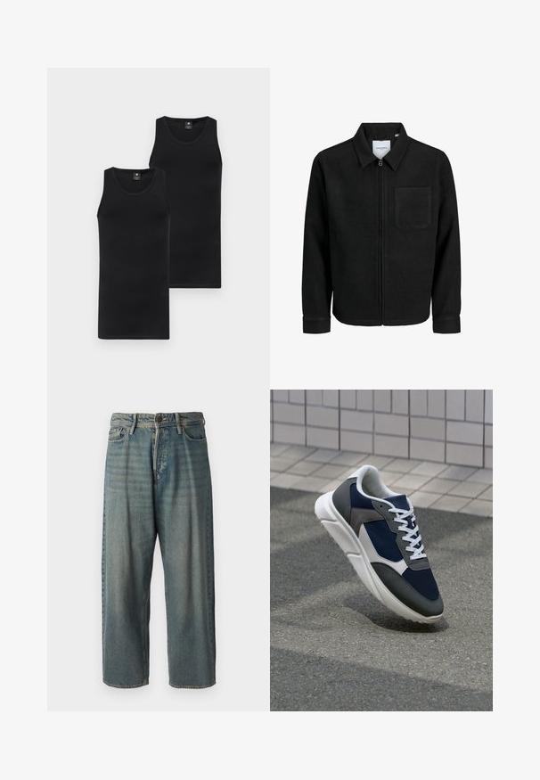 Černá zipová bunda s límečkem a jednou kapsou na hrudi, vystavená na bílém pozadí.; Dvě černé tílka; přiléhavý design, kulatý výstřih, hladká textura, vyrobené z pružného materiálu; obě s diskrétním logem značky na přední straně.; Světle modré denimové džíny s volným střihem, středně vysokým pasem a rovnými nohavicemi. Obsahují pět kapes, poutka na opasek a zapínání na knoflík.; Tenisky s horní částí z námornicky modré síťoviny, šedými semišovými akcenty, bílou gumovou podrážkou a plochými bílými tkaničkami, navržené pro pohodlí a prodyšnost.