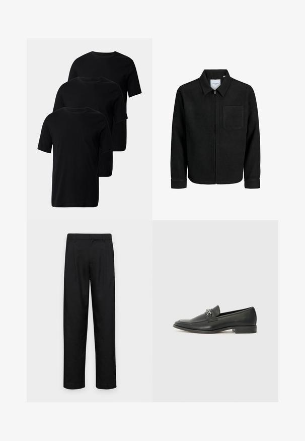 Svart zip-jacka med krage och en enda bröstficka, visad på vit bakgrund.; Tre svarta bomullströjor med korta ärmar och rundad halsringning, med en mjuk yta och utan dekorationer.; Svarta byxor i slät väv, med rak ben-design, två framfickor och standardmidja med bälteshällor.; Svart läderloafers med en slät yta, med en sydd design och en dekorativ metallkedjeaccent över västen. Platt häldesign.