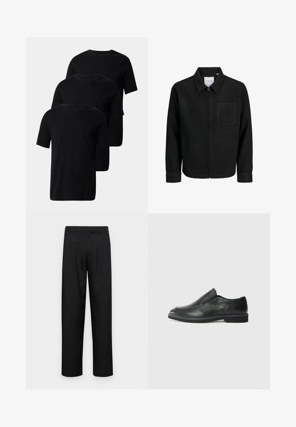 Giacca nera con zip, colletto e una tasca sul petto, mostrata su sfondo bianco.; Tre t-shirt nere in cotone con maniche corte e colletto rotondo, caratterizzate da una consistenza morbida e senza decorazioni.; Pantaloni neri realizzati in tessuto liscio, caratterizzati da un taglio dritto, due pieghe frontali e una vita standard con passanti per la cintura.; Scarpa nera in pelle con inserto scivolare, superiore liscio, dettagli cuciti, punta arrotondata e tacco in gomma basso. La suola presenta un battistrada minimale.