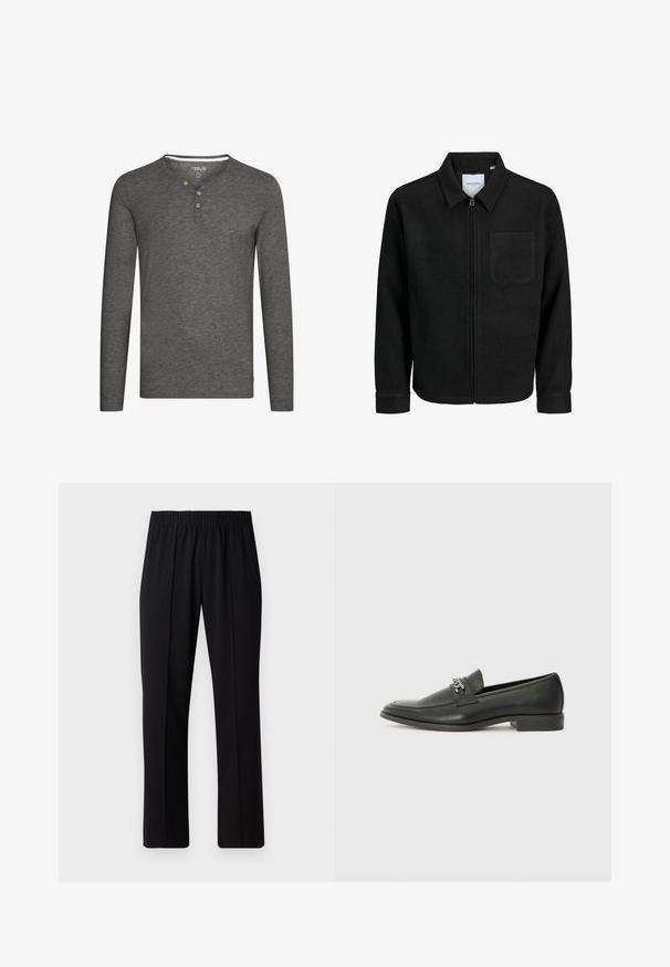 Black zip-up jacket with collar and single chest pocket, displayed on white background.; Gray long-sleeve shirt with a henley neckline, three wooden buttons, and a small logo tag at the bottom left. Soft, textured fabric.; Black, elastic-waist trousers with a straight-leg design, featuring a smooth texture and no visible patterns or hardware.; Black leather loafer with a smooth finish, featuring a stitched design and a decorative metal chain accent across the vamp. Flat heel.