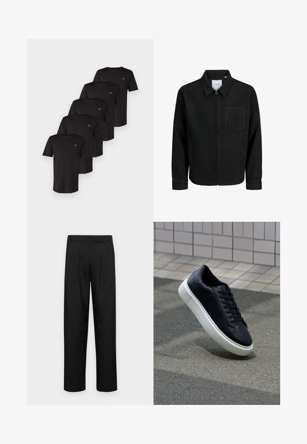 Čierna zipsová bunda s golierom a jednou náprsníkou, vystavená na bielom pozadí.; Čierne bavlnené tričká s krátkymi rukávmi, okrúhlym výstrihom a malým logom na ľavej strane hrude, vystavené v stohu piatich kusov.; Čierne nohavice vyrobené z hladkej tkaniny, s rovnými nohavicami, dvoma prednými skladmi a štandardným pásom s pútkami na opasok.; Čierne kožené tenisky s okrúhlou špičkou a bielou gumovou podrážkou. Majú ploché šnúrky a minimálne šitie na vrchu. Textúrovaná podrážka pre lepšiu priľnavosť.