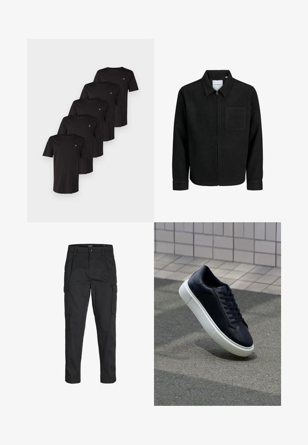 Mustaga lukuga jakker, millel on krae ja üks rinna-tasku, esitatud valgel taustal.; Mustad musta puuvillane t-särgid lühikeste varrukatega, ümar kaelus ja väike logo vasakul rinnal, eksponeeritud viies tükis kuhjatuna.; Mustad mustapõlvik, mis on valmistatud tugeva koe kasutades, sisaldab mitmeid taskuid, nupule kinnitatav sulgemine ja kitsenev disain.; Mustast nahast tennisetoss, millel on ümar nina ja valge kummist tall. Omab siredaid paelu ja minimaalset õmblemist ülemises osas. Tekstuuriga tald, mis tagab haakuvuse.