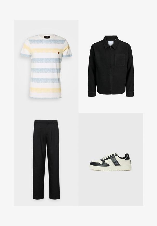 Giacca nera con zip, colletto e una tasca sul petto, mostrata su sfondo bianco.; T-shirt in cotone a righe con bande orizzontali in blu chiaro, giallo e bianco. Include un piccolo accento in pelle marrone sulla tasca del petto.; Pantaloni neri realizzati in tessuto liscio, caratterizzati da un taglio dritto, due pieghe frontali e una vita standard con passanti per la cintura.; Sneakers in pelle con una combinazione di colori nero e crema, dotati di dettagli perforati, collare imbottito e suola testurizzata.