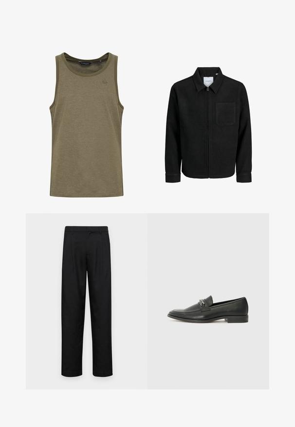 Schwarze Zip-Jacke mit Kragen und einer einzelnen Brusttasche, auf weißem Hintergrund präsentiert.; Olivengrünes Tanktop aus einem weichen, atmungsaktiven Stoff. Mit Rundhalsausschnitt und dezentem Logo-Stickerei auf der Brust.; Schwarze Hose aus glattem Stoff, mit geradem Bein Design, zwei vorderen Falten und einem Standardbund mit Gürtelschlaufen.; Schwarzer Lederloafer mit glatter Oberfläche, ausgestattet mit einer gesteppten Gestaltung und einem dekorativen Metallkettendetail über dem Vorderblatt. Flacher Absatz.