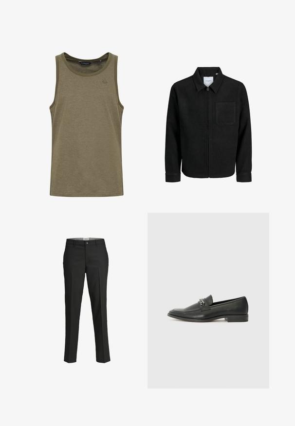 Schwarze Zip-Jacke mit Kragen und einer einzelnen Brusttasche, auf weißem Hintergrund präsentiert.; Olivengrünes Tanktop aus einem weichen, atmungsaktiven Stoff. Mit Rundhalsausschnitt und dezentem Logo-Stickerei auf der Brust.; Schwarze Hosen, taillierte Passform, glattes Material, mittelhoher Bund, vorderer Knopfverschluss, schräge Taschen und Bügelfalten entlang der Beine.; Schwarzer Lederloafer mit glatter Oberfläche, ausgestattet mit einer gesteppten Gestaltung und einem dekorativen Metallkettendetail über dem Vorderblatt. Flacher Absatz.