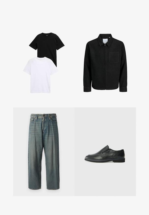 Veste zippée noire avec col et poche poitrine unique, présentée sur fond blanc.; T-shirts à manches courtes en coton noir et blanc, avec un col rond et une texture douce. Les deux chemises sont affichées empilées.; Jeans en denim bleu clair avec une coupe ample, taille mi-haute et jambes droites. Comprend cinq poches, des passants de ceinture et une fermeture à bouton.; Chaussure slip-on en cuir noir avec une tige lisse, des accents cousus, un bout arrondi et un petit talon en caoutchouc. La semelle présente un profil de traction minimal.