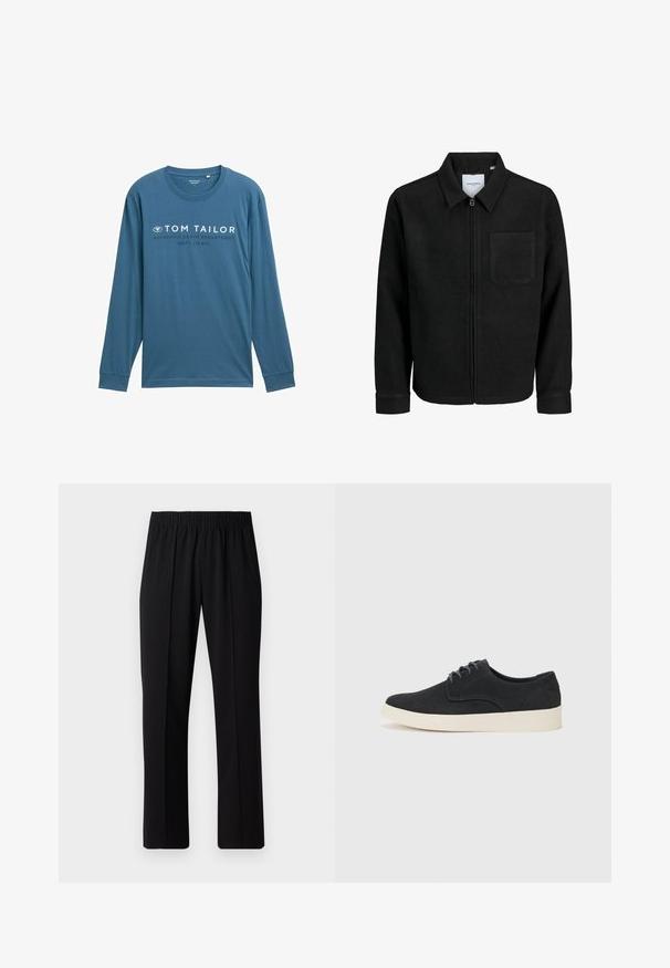 Černá zipová bunda s límečkem a jednou kapsou na hrudi, vystavená na bílém pozadí.; Dlouhý rukáv modrozelené tričko vyrobené z měkké bavlny s kulatým výstřihem, s bílým textem, který říká "TOM TAILOR AUTHENTIC DENIM DEPARTMENT."; Černé kalhoty s elastickým pasem a rovnými nohavicemi, s hladkým povrchem a bez viditelných vzorů nebo kovových doplňků.; Černé semišové šněrovací boty s kulatou špičkou, lehkou krémovou podrážkou a jemným modrým prošíváním na svršku.