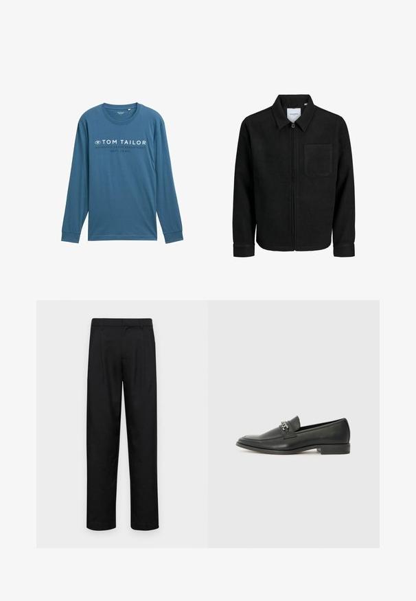 Musta vetoketjullinen takki, jossa on kaulus ja yksi rintatasku, esitelty valkoista taustaa vasten.; Teepaita pitkät hihat teal-värissä, pehmeää puuvillaa, pyöreä pääntie, jossa on valkoista tekstiä: "TOM TAILOR AUTHENTIC DENIM DEPARTMENT."; Mustat housut, jotka on valmistettu sileästä kankaasta, suoran lahkeen muotoilulla, kahdella etupleekillä ja tavanomaisella vyötäröllä, jossa on vyölenkit.; Musta nahkakengät, joissa on sileä pinta, koristeelliset ompeleet ja metalliketjun yksityiskohta kengän päällä. Littee korko.