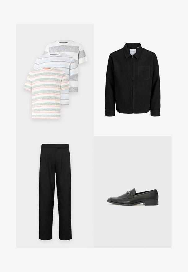 Jachetă neagră cu fermoar, cu guler și un singur buzunar pe piept, expusă pe fundal alb.; Trei tricouri cu mânecă scurtă, așezate unul peste altul. Unul are dungi verzi și corai, altul dungi albastre deschise, iar ultimul dungi gri-albăstrui. Material din bumbac.; Pantaloni negri dintr-un material neted, cu un design drept, două pliuri frontale și un tiv standard cu bucle pentru curea.; Pantofii negri din piele cu un finisaj neted, având un design cusut și un accent decorativ de lanț metalic peste partea de sus. Toc plat.