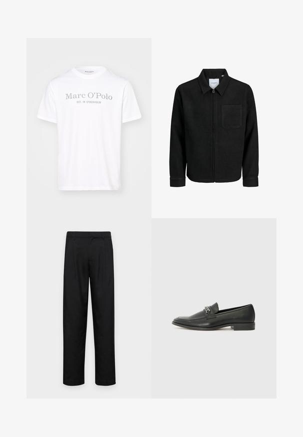 Melna jaka ar rāvējslēdzēju un apkakli, vienu krūšu kabatu, parādīta uz baltas fona.; Balts kokvilnas T-krekls ar apaļu kaklu, īsām piedurknēm un pelēku drukātu tekstu "Marc O’Polo EST. IN STOCKHOLM."; Melnas bikses, izgatavotas no gludas auduma, ar taisnu kāju dizainu, divām priekšējām krokām un standarta jostu, kurai ir āķi.; Melna ādas loafer izmēra apavi ar gludu virsmu, piedāvā ar šūtu dizainu un dekoratīvu metāla ķēdes akcentu pār vampu. Plakana papēža daļa.