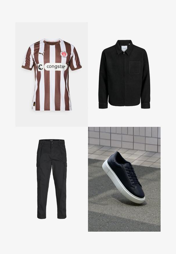 Juodas džemperis su užtrauktuku, apykakle ir vienu krūtiniu kišenėje, pristatytas baltame fone.; Rudos ir baltos vertikaliai dryžuotos futbolo marškinėliai su PUMA logotipu, congtar rėmimu, apvaliu iškirpimu ir FC St. Pauli simboliu ant kairės krūtinės.; Juodi krovinių tipo džinsai, pagaminti iš tvirto audinio, su keliais kišeniais, mygtuko uždarymu ir siauru, prigludusiu dizainu su siaurėjančiomis kojomis.; Juodas odinis sportbačius su apvaliu pirštu ir baltu gumuotu padu. Turi plokščias raišteles ir minimalų siuvimą viršuje. Padangos tekstūra užtikrina sukibimą.