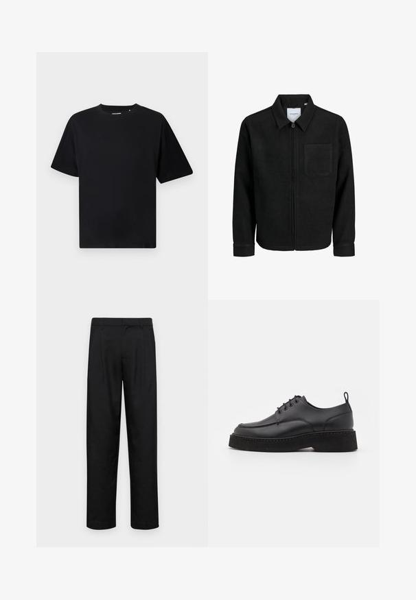 Svart zip-jacka med krage och en enda bröstficka, visad på vit bakgrund.; Svart kortärmad T-shirt med rund hals och avslappnad passform, visad mot en vit bakgrund.; Svarta byxor i slät väv, med rak ben-design, två framfickor och standardmidja med bälteshällor.; Svart läder snörskot med rund tå, tjock svart plattformssula och dekorativ sömnad längs kanten. Slät textur.