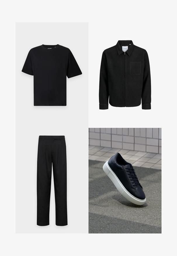 Crna jakna na zip s ovratnikom i jednim džepom na prsima, prikazana na bijeloj pozadini.; Crna kratka majica s kratkim rukavima i okruglim izrezom, opuštenog kroja, prikazana na bijeloj pozadini.; Crne hlače od glatkog materijala, s dizajnom ravnih nogavica, dva prednja nabora i standardnim pojasom s petljama za remen.; Crne kožne tenisice s zaobljenim vrhom i bijelim gumiranim potplatom. Imaju ravne vezice i minimalno šivanje na gornjem dijelu. Teksturirani potplat za bolje prianjanje.