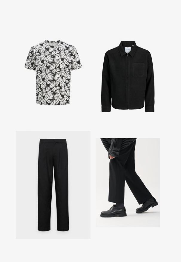 Črna jakna z zadrgo in ovratnikom ter enim žepom na prsih, prikazana na beli podlagi.; Majica s kratkimi rokavi iz mehkega materiala, ki ima črn ozadje z belim vzorcem listov po celotni površini. Okrogla obleka, sproščen kroj.; Črne hlače iz gladkega materiala, s krojem ravne noge, dvema sprednjima pregiboma in standardnim pasom z zankami za pas.; Črne usnjene čEvlje s zaobljenim nosom, zavezovanjem in debelim, teksturiranim podplatom. Obute z urejenimi črnimi hlačami in rebrastim puloverjem.