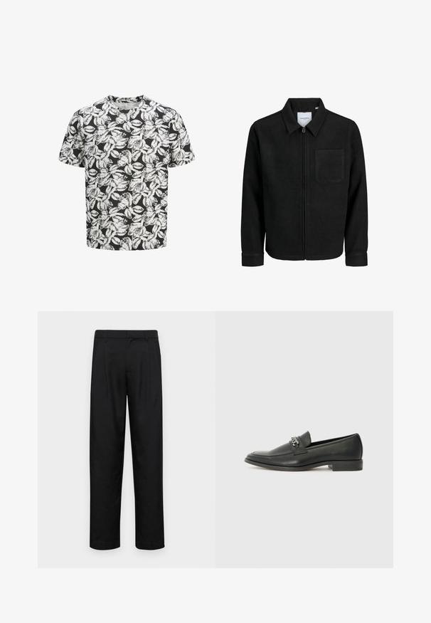 Musta vetoketjullinen takki, jossa on kaulus ja yksi rintatasku, esitelty valkoista taustaa vasten.; T-paita lyhyillä hihoilla, joka on valmistettu pehmeästä kankaan, taustalla musta väri ja valkoinen lehtikuvio kauttaaltaan. Pyöreä kaula-aukko, rento istuvuus.; Mustat housut, jotka on valmistettu sileästä kankaasta, suoran lahkeen muotoilulla, kahdella etupleekillä ja tavanomaisella vyötäröllä, jossa on vyölenkit.; Musta nahkakengät, joissa on sileä pinta, koristeelliset ompeleet ja metalliketjun yksityiskohta kengän päällä. Littee korko.