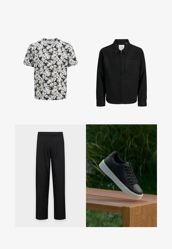 Juodas džemperis su užtrauktuku, apykakle ir vienu krūtiniu kišenėje, pristatytas baltame fone.; Trumpas rankovėmis marškinėliai, pagaminti iš minkštos medžiagos, su juodu fonu ir baltais lapų raštais visame paviršiuje. Apvalus iškirpimas, laisvas siluetas.; Juodi kelnių modeliai, pagaminti iš lygios medžiagos, turi tiesią kojas, du priekiniai klostės ir standartinę juosmenį su diržo kilpomis.; Juodas odinis sportbačių modelis su lygiu paviršiumi, baltu guminio pado ir šešiomis skylutėmis raišteliams, eksponuojamas ant medinės paviršiaus.