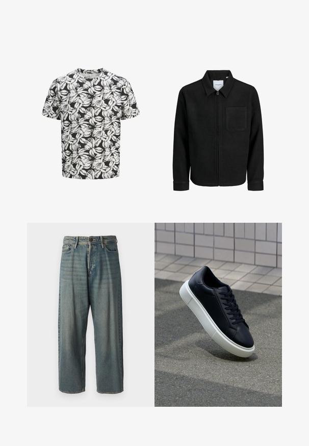 Black zip-up jacket with collar and single chest pocket, displayed on white background.; Short-sleeve t-shirt made of soft fabric featuring a black background with a white leaf pattern throughout. Round neckline, relaxed fit.; Light blue denim jeans with a loose fit, mid-rise waist, and straight legs. Features five pockets, belt loops, and a button closure.; Black leather sneaker with rounded toe and white rubber sole. Features flat laces and minimal stitching on the upper. Textured sole for grip.