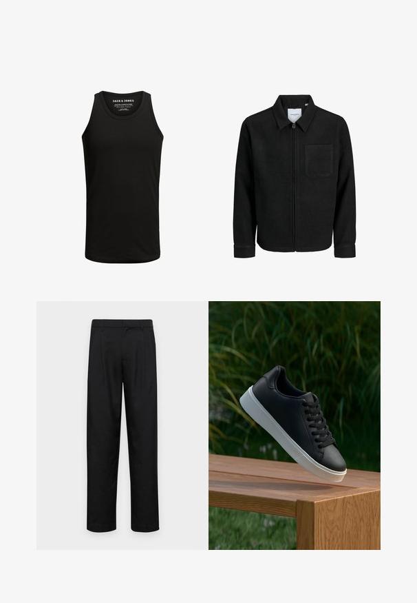 Czarna kurtka z zamkiem na całej długości, z kołnierzem i jedną kieszenią na piersi, umieszczona na białym tle.; Czarny top na ramiączkach wykonany z mieszanki bawełny, z klasycznym okrągłym dekoltem i bez rękawów. Gładka tekstura bez wzorów lub akcentów.; Czarne spodnie wykonane z gładkiego materiału, z prostą nogawką, dwoma fałdami z przodu oraz standardowym paskiem z wypustkami na pasek.; Czarne skórzane sneakersy o gładkiej fakturze, z białą gumową podeszwą i sześcioma otworami na sznurowadła, wyeksponowane na drewnianej powierzchni.
