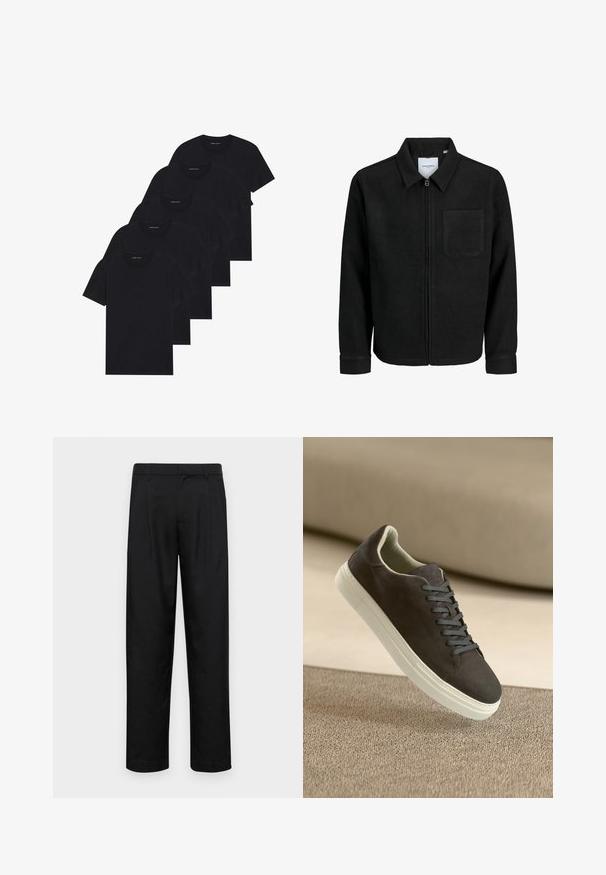Black zip-up jacket with collar and single chest pocket, displayed on white background.; Pack of five black crew-neck t-shirts. Short sleeves, cotton material, standard fit. Smooth texture with no visible patterns or embellishments.; Black trousers made of smooth fabric, featuring a straight-leg design, two front pleats, and standard waistband with belt loops.; Dark gray suede sneaker with matching laces and white rubber sole, positioned above a textured beige surface with soft background.