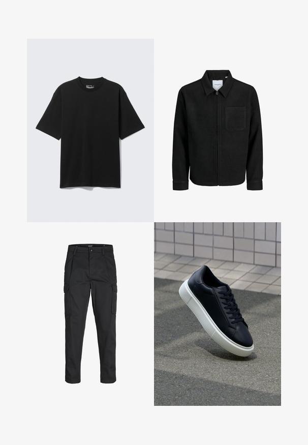 Svart zip-jacka med krage och en enda bröstficka, visad på vit bakgrund.; Svart bomullst-shirt med korta ärmar, rund halsringning och en avslappnad passform. Tyget har en slät textur utan synliga mönster eller detaljer.; Svarta cargobyxor tillverkade av hållbart tyg, med flera fickor, knappstängning och en smal passform med avsmalnande ben.; Svart lädersneaker med rundad tå och vit gummisula. Har platta snören och minimal sömnad på ovansidan. Texturerad sula för grepp.
