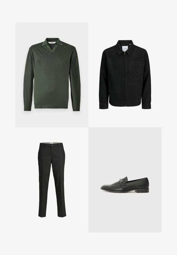 Black zip-up jacket with collar and single chest pocket, displayed on white background.; Long-sleeve polo shirt in dark green, made from smooth fabric. Features a V-neck collar and minimalistic design without patterns or hardware.; Black trousers, tailored fit, smooth fabric, mid-rise waist, front button closure, diagonal pockets, and crease detailing down the legs.; Black leather loafer with a smooth finish, featuring a stitched design and a decorative metal chain accent across the vamp. Flat heel.