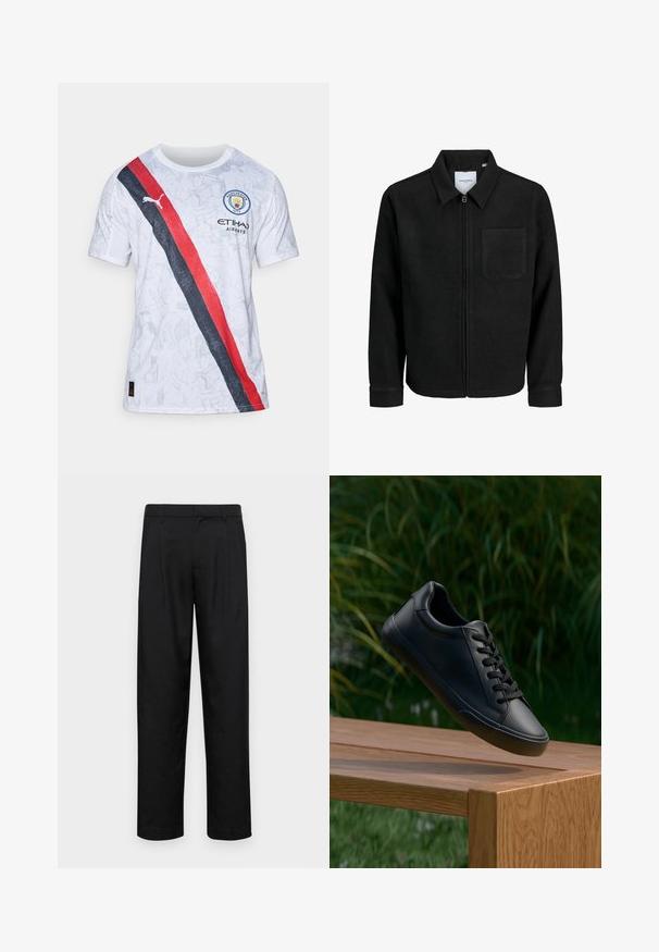 Mustaga lukuga jakker, millel on krae ja üks rinna-tasku, esitatud valgel taustal.; Valge lühikeste varrukatega jersei, millel on punane ja must diagonaalne riba, graafiline muster, Manchester City logo ja Puma bränding.; Mustad mustadest riietest, millel on sirge jalgade disain, kaks eesmist voltimist ja tavaline vöökoht, millel on vöökohad.; Must have musta sneakers sile nahka, sujuva tekstuuriga, ümmargune varvas ja lamedad paelad, asetatud puidust pinnale koos rohelise rohuga taustal.