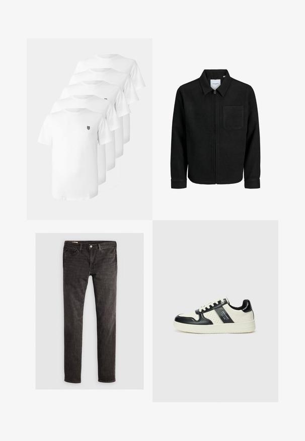 Black zip-up jacket with collar and single chest pocket, displayed on white background.; White cotton t-shirts with a crew neck, short sleeves, and a small black emblem on the chest. Five shirts displayed in a stacked arrangement.; Black denim jeans with a slim fit, featuring five-pocket design, brass button, and subtle texture. No visible patterns or additional embellishments.; Leather sneakers with a black and cream color scheme, featuring perforated accents, a padded collar, and a textured outsole.