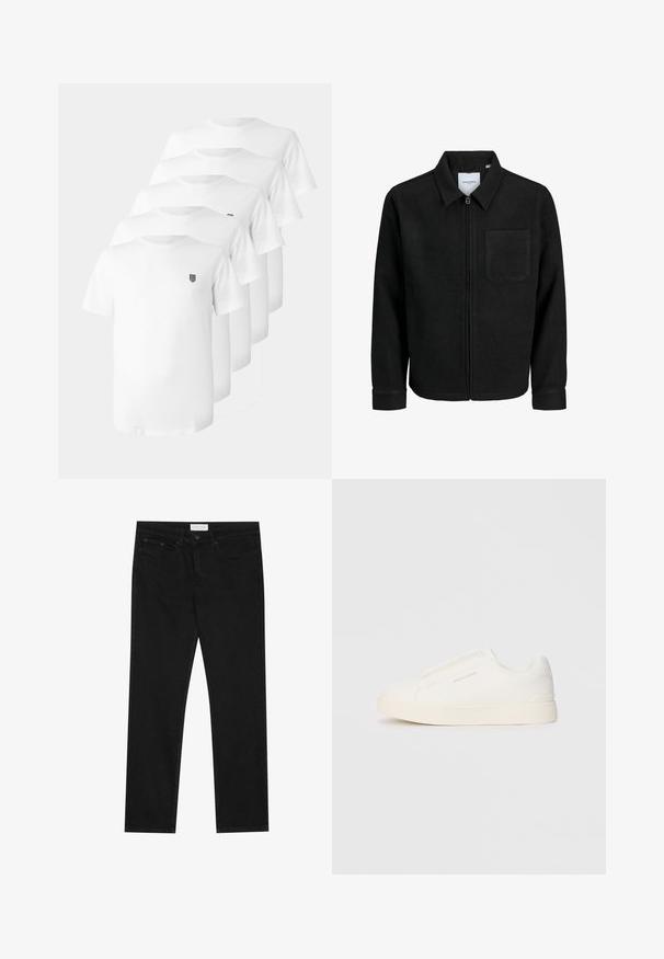 Črna jakna z zadrgo in ovratnikom ter enim žepom na prsih, prikazana na beli podlagi.; Bele majice iz bombaža s kratkimi rokavi in krožnim izrezom ter majhnim črnim emblemom na prsih. Pet majic je prikazanih v zloženem načinu.; Črne ravne jeans hlače s petimi žepi, z gumbom in zadrgo za zapiranje ter oznako blagovne znamke Pier One na pasu.; Bele zapete brez vezalk z teksturirano površino, debelim podplatom in minimalističnim dizajnom. Na strani se nahaja logotip blagovne znamke.