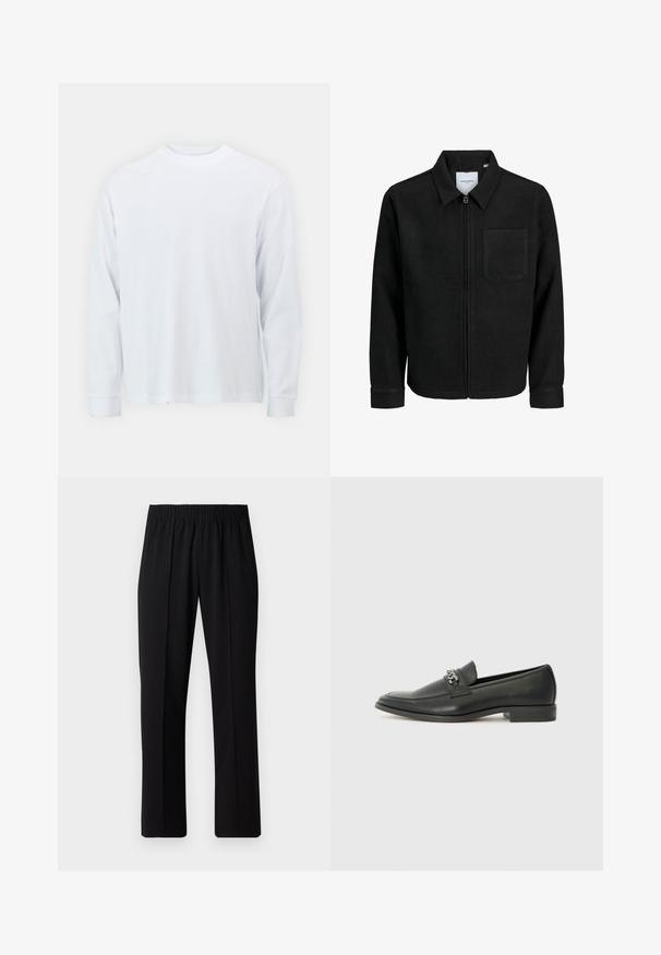 Černá zipová bunda s límečkem a jednou kapsou na hrudi, vystavená na bílém pozadí.; Bílá mikina s dlouhým rukávem vyrobená z bavlny, se spodním lemem a kulatým výstřihem. Hladká textura, jednoduchý design bez vzorů nebo akcentů.; Černé kalhoty s elastickým pasem a rovnými nohavicemi, s hladkým povrchem a bez viditelných vzorů nebo kovových doplňků.; Černé kožené mokasíny s hladkým povrchem, s prošívaným designem a dekoračním kovovým řetízkem přes nárt. Plochý podpatek.