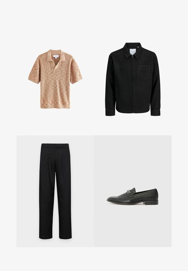 Czarna kurtka z zamkiem na całej długości, z kołnierzem i jedną kieszenią na piersi, umieszczona na białym tle.; Krótki rękaw sweter w strukturalnym, jasnobrązowym splotem z dekoltem w kształcie litery V i kołnierzykiem. Posiada skośny wzór na całej powierzchni.; Czarne spodnie wykonane z gładkiego materiału, z prostą nogawką, dwoma fałdami z przodu oraz standardowym paskiem z wypustkami na pasek.; Czarne skórzane mokasyny o gładkim wykończeniu, z haftowanym wzorem i dekoracyjnym akcentem z metalowego łańcucha na wierzchu. Płaska pięta.